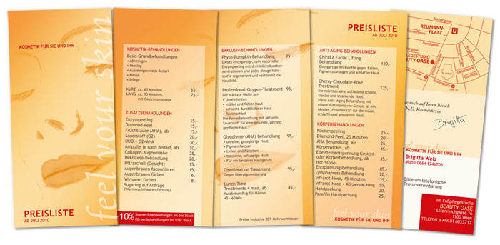 Folder Preisliste Kosmetik Behandlungen, Wickel-Falz, CMYK, by alexandra della toffola | grafiker/in in Wien